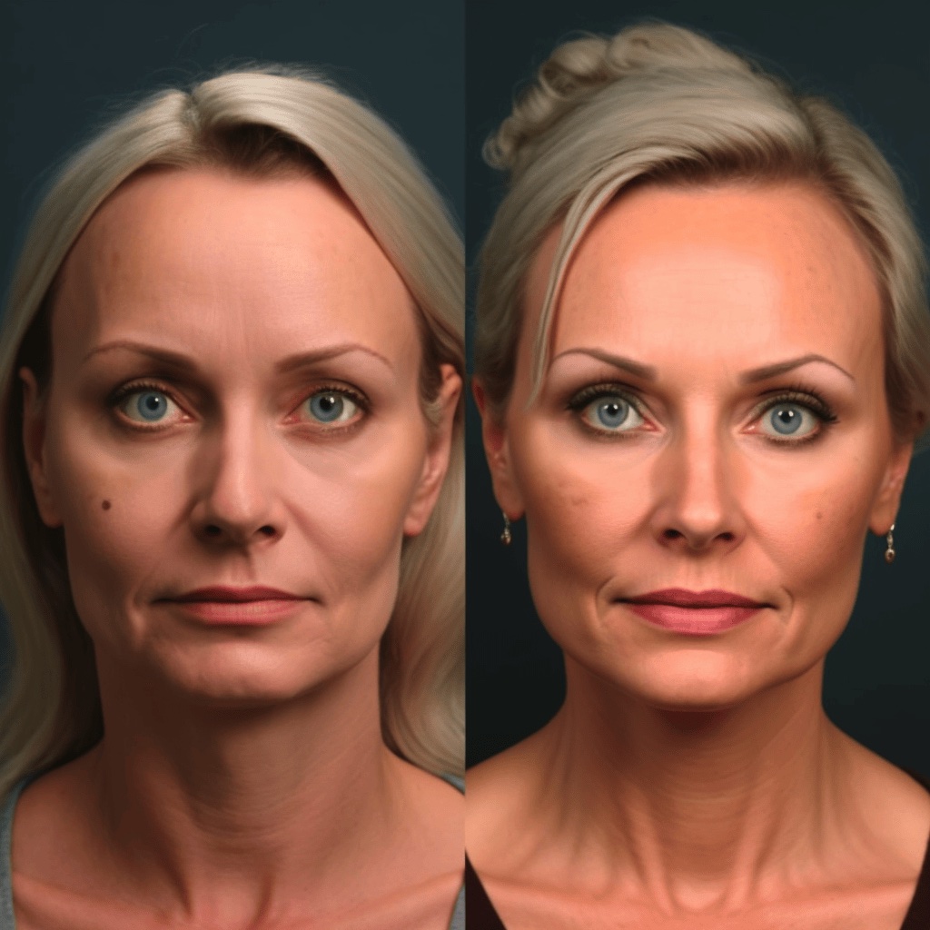 mujer mostrando antes y después de blefaritis sin cirugía